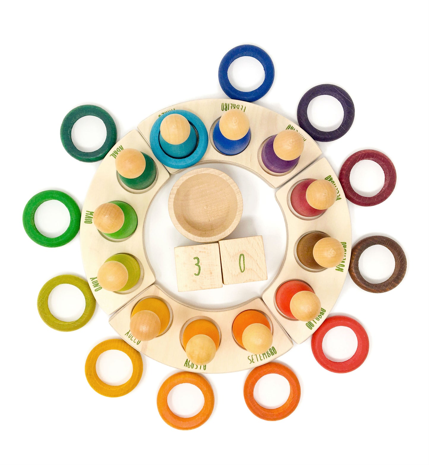 The Grapat perpetual calendar from the top with each of the 12 wooden rings arranged outside