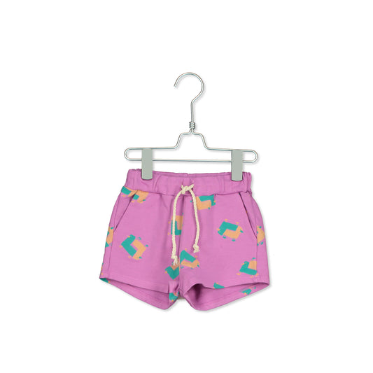 Fuchsia pink shorts with a teal and light yellow design hanging from a hanger.